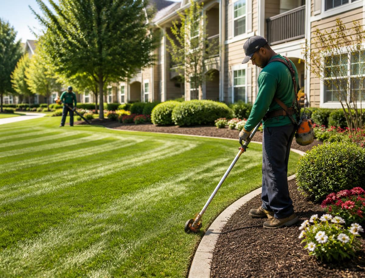 Landscaping crew edging a striped lawn at an apartment community