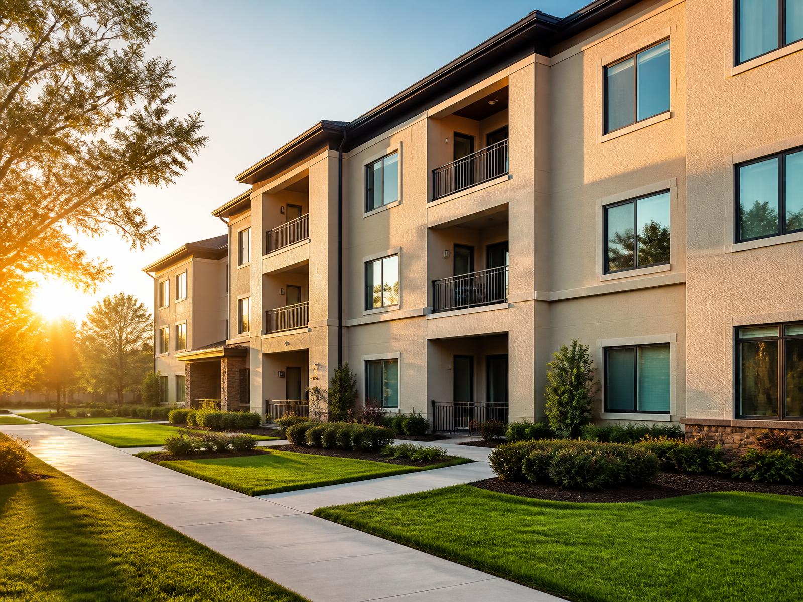Clean, well-maintained apartment community at golden hour